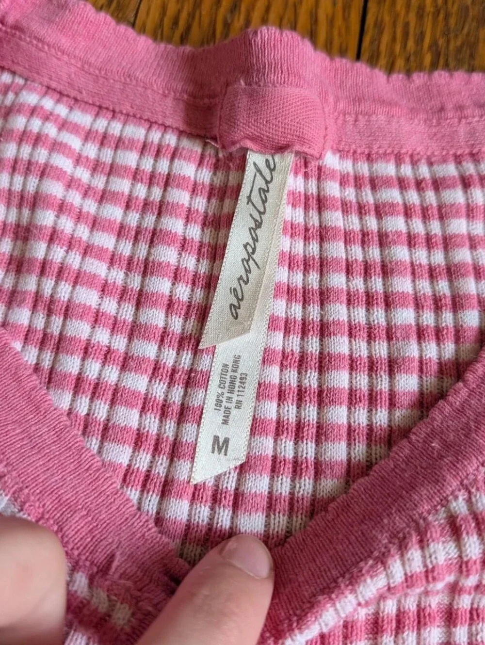 Vintage Aeropostale Pink & White Striped Ribbed Henley Long Sleeve Shirt